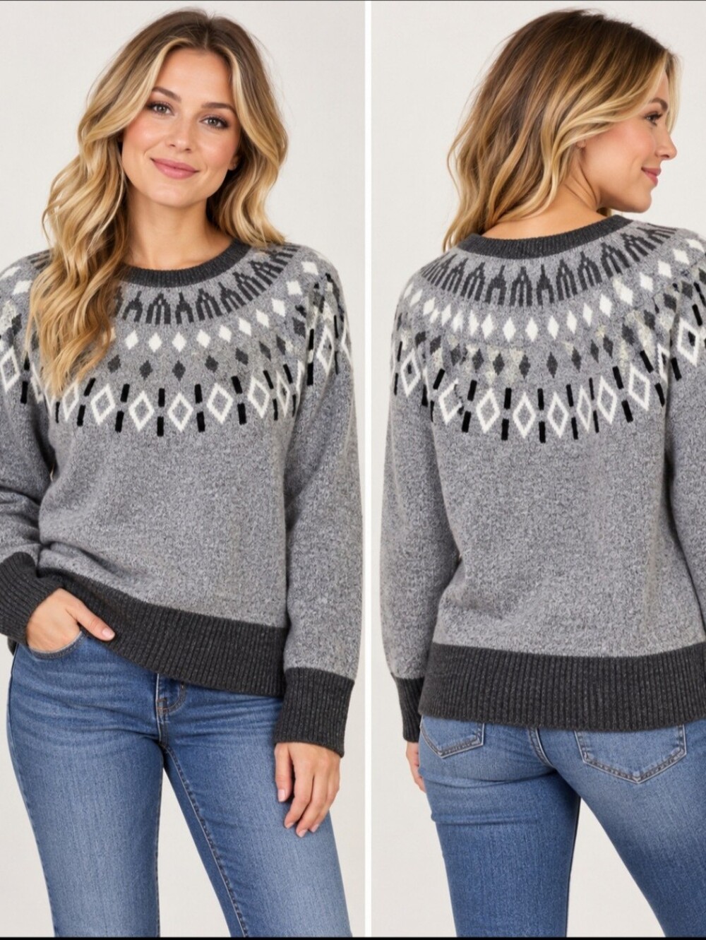 Women's Time and Tru Gray Fair Isle Crew Neck Sweater M EUC